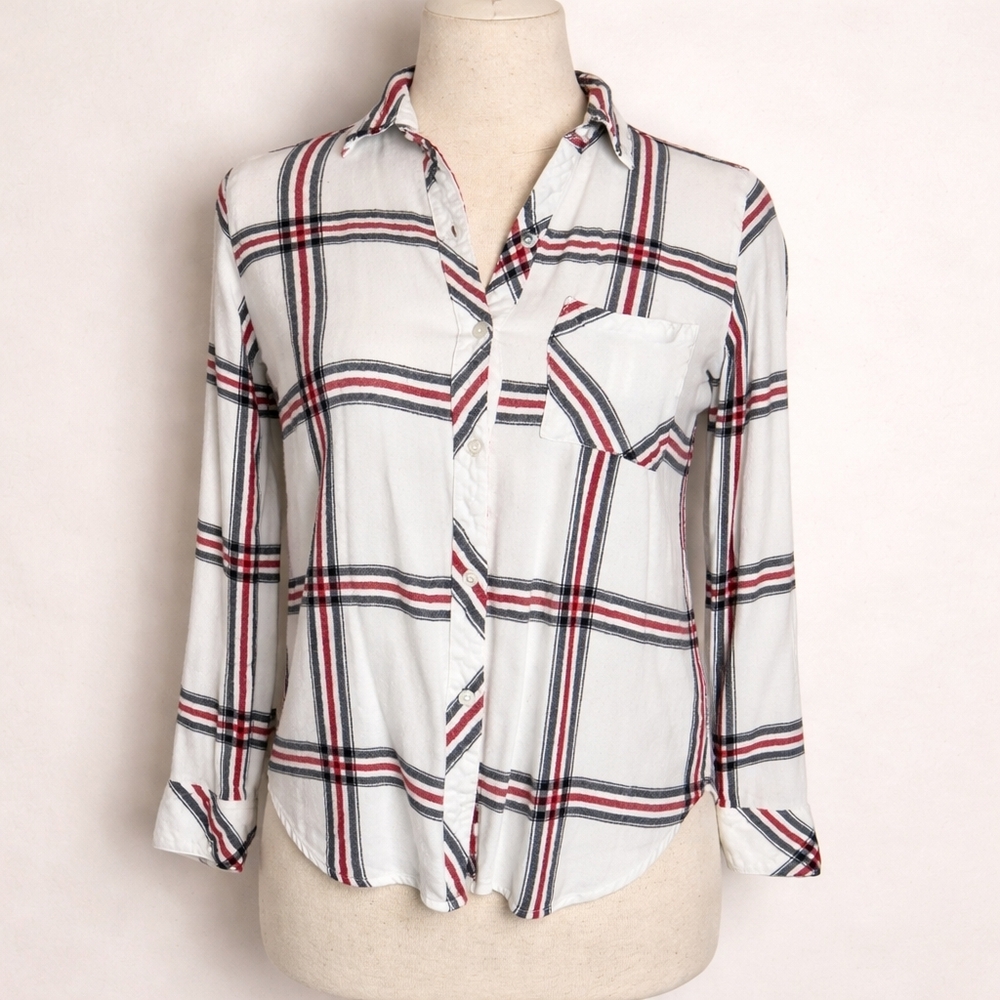 Rails Women’s Hunter White Blue Red Plaid Button Long Sleeve Shirt, XS